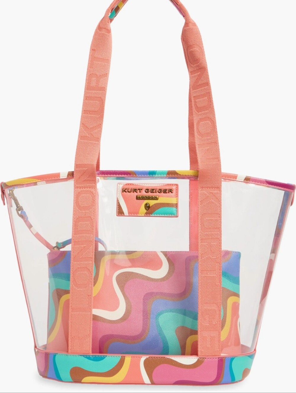Kurt Geiger Hampstead Clear Tote w/Coral Straps/ Multicolor Swirl Insert/ BNWT